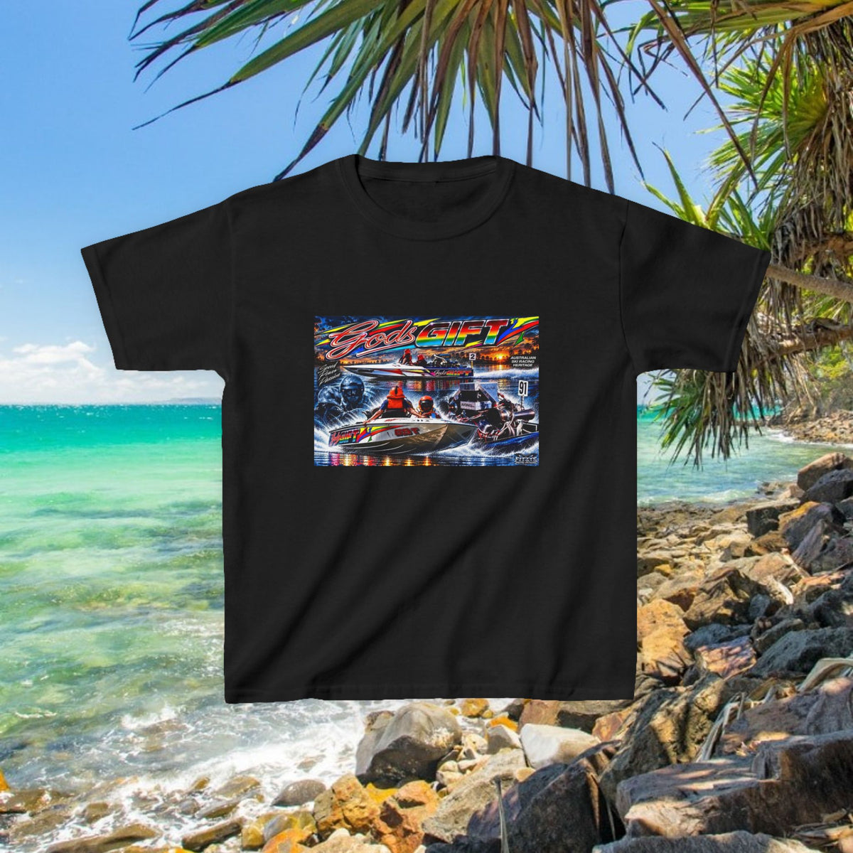 Gods Gift Kids Tribute Tshirt design is colourful and bright with some old school cool from Bad Lad Oz  A great unisex idea