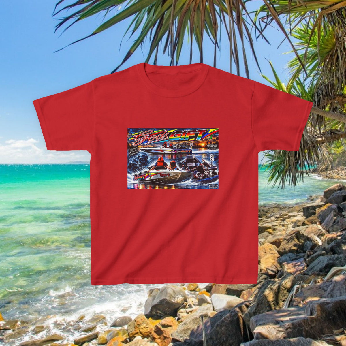 Gods Gift Kids Tribute Tshirt design is colourful and bright with some old school cool from Bad Lad Oz  A great unisex idea