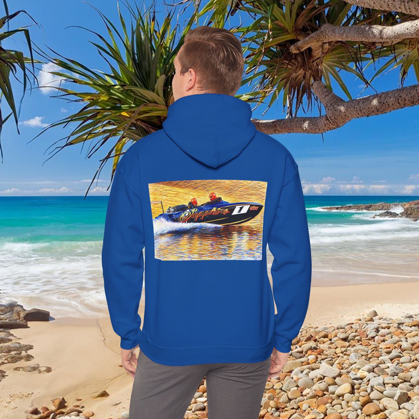The Australian Water Ski Racing Tribute Range hoodie featuring Sapphire. Bad Lad Oz twin turbo waterski race boat sweatshirt
