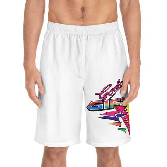 Men's Board Shorts — Retro 'Gods Gift' Lightning Graphic Beach Swim Trunks