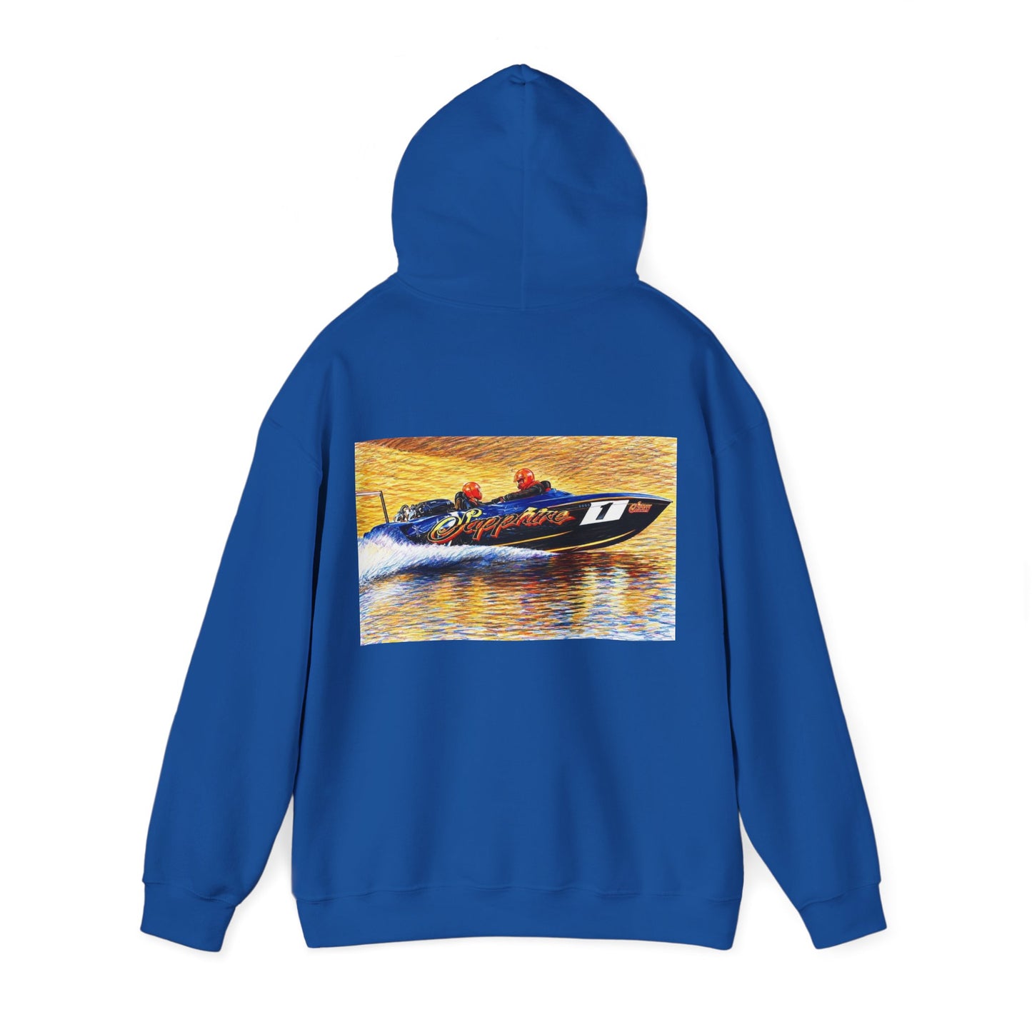 The Australian Water Ski Racing Tribute Range hoodie featuring Sapphire. Bad Lad Oz twin turbo waterski race boat sweatshirt