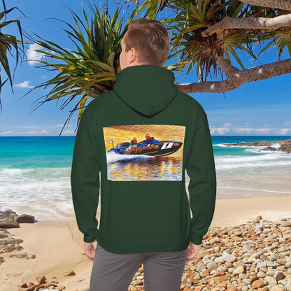 The Australian Water Ski Racing Tribute Range hoodie featuring Sapphire. Bad Lad Oz twin turbo waterski race boat sweatshirt