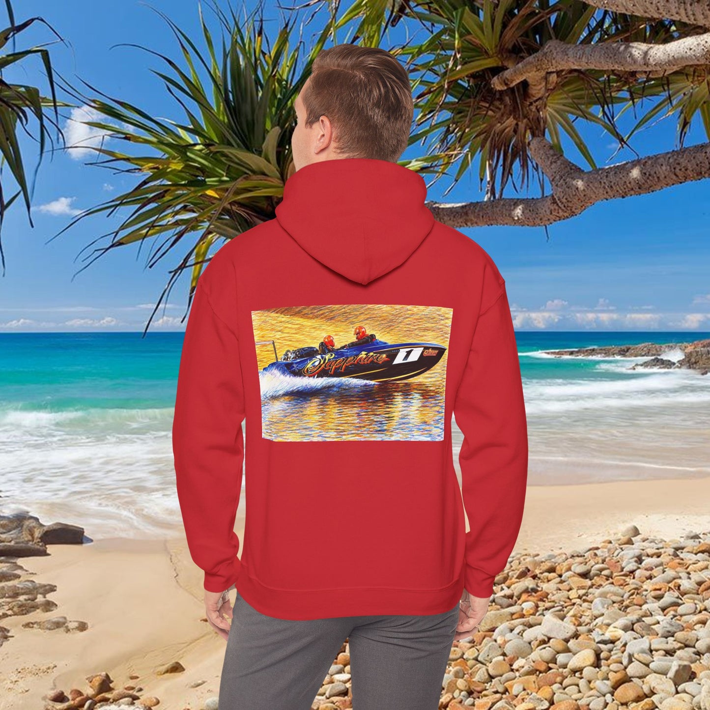 The Australian Water Ski Racing Tribute Range hoodie featuring Sapphire. Bad Lad Oz twin turbo waterski race boat sweatshirt