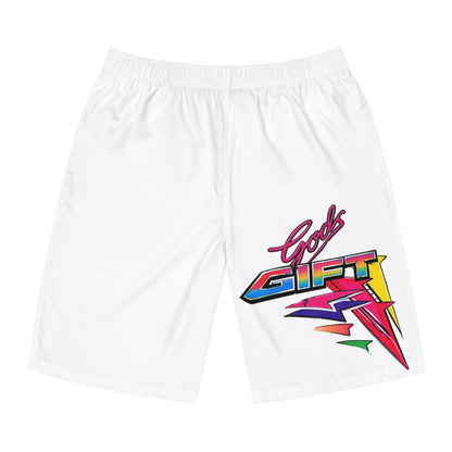 Men's Board Shorts — Retro 'Gods Gift' Lightning Graphic Beach Swim Trunks