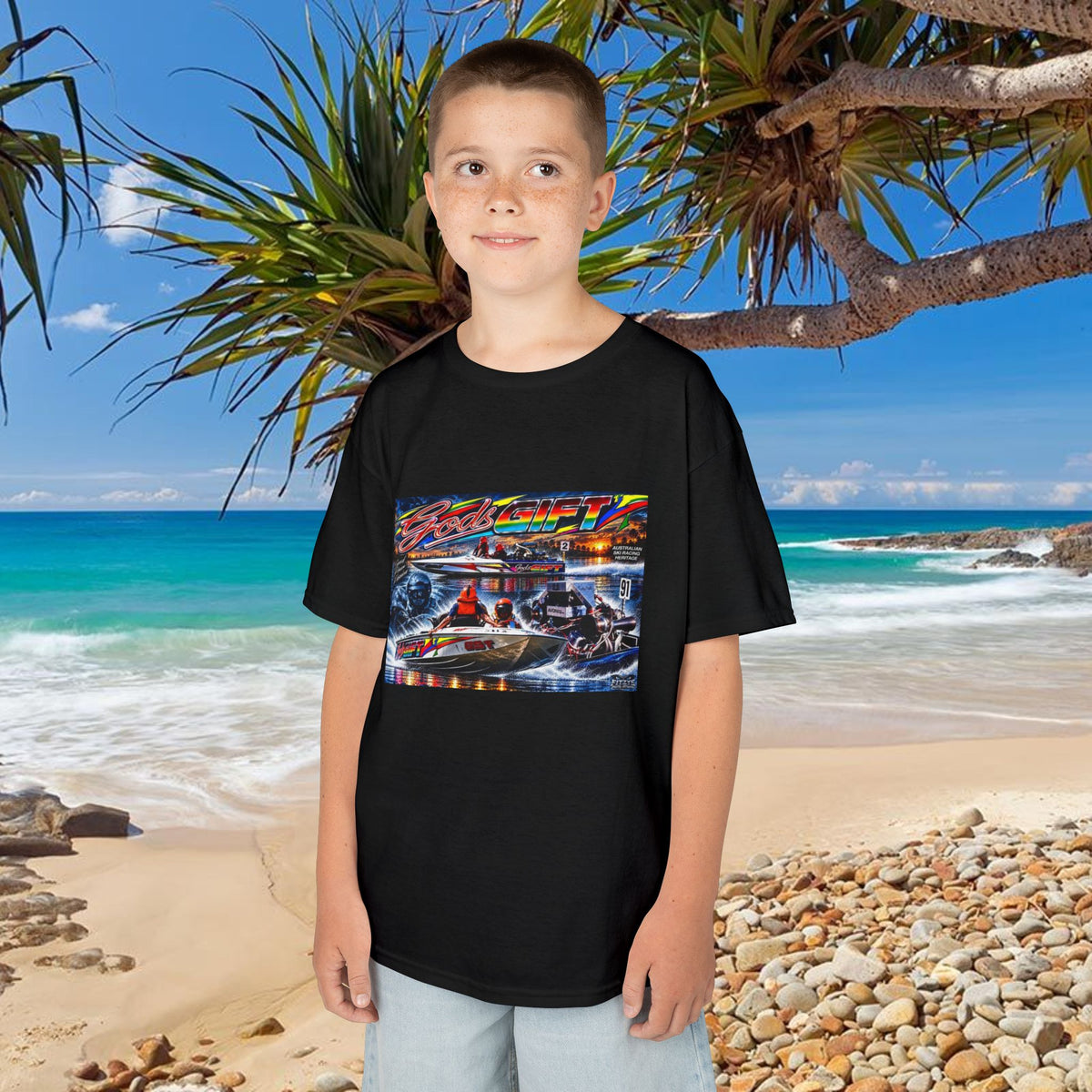 Gods Gift Kids Tribute Tshirt design is colourful and bright with some old school cool from Bad Lad Oz  A great unisex idea