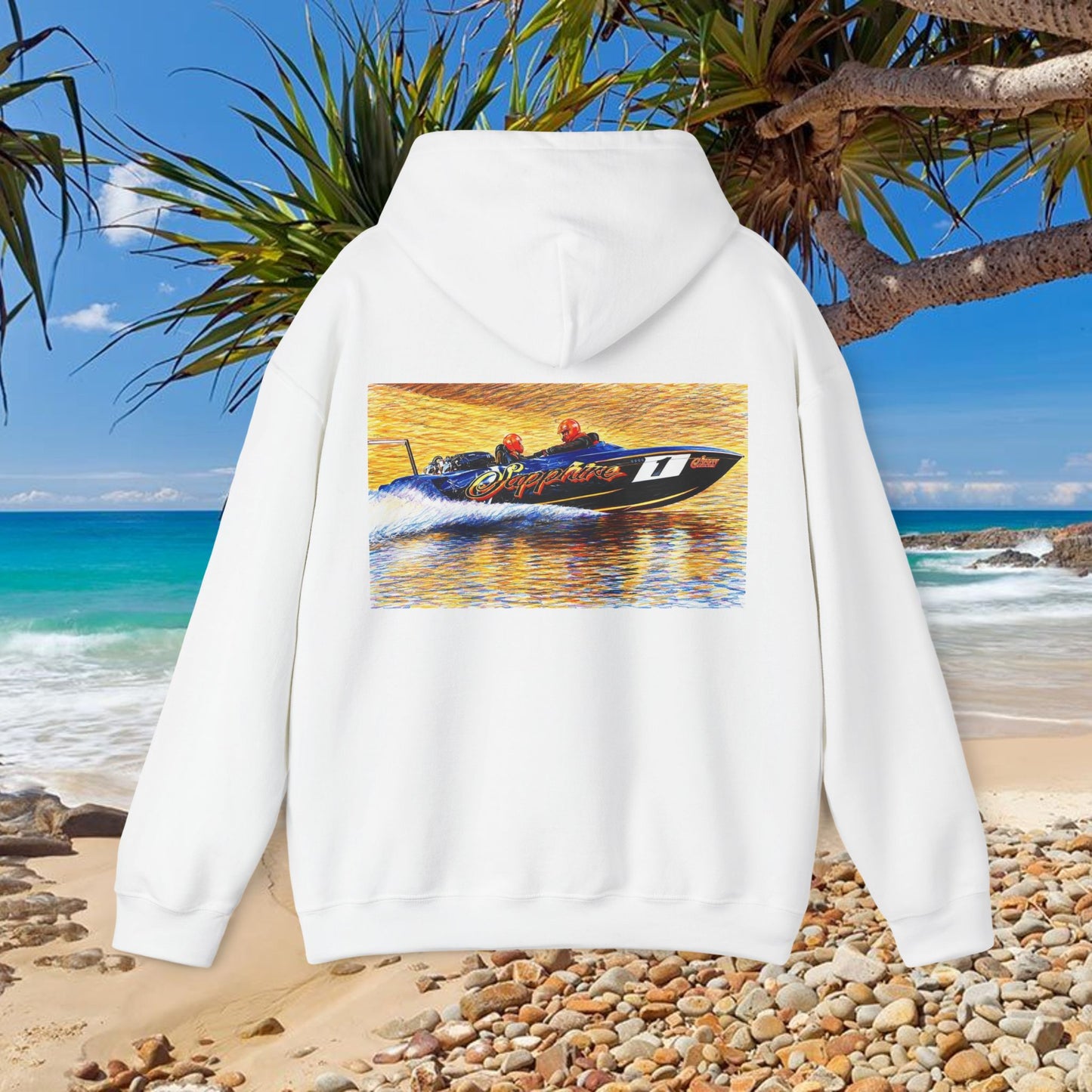 The Australian Water Ski Racing Tribute Range hoodie featuring Sapphire. Bad Lad Oz twin turbo waterski race boat sweatshirt