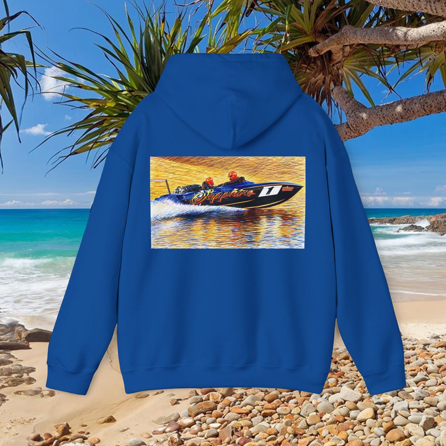 The Australian Water Ski Racing Tribute Range hoodie featuring Sapphire. Bad Lad Oz twin turbo waterski race boat sweatshirt