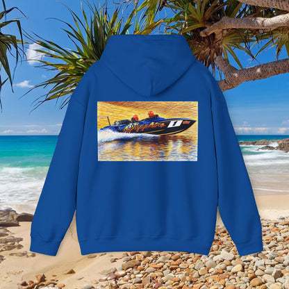 The Australian Water Ski Racing Tribute Range hoodie featuring Sapphire. Bad Lad Oz twin turbo waterski race boat sweatshirt