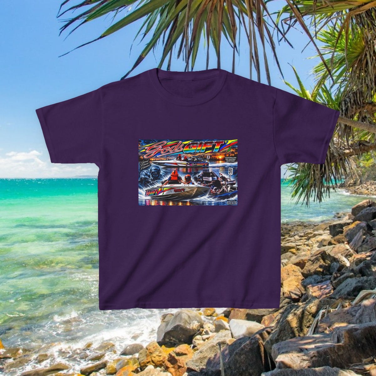 Gods Gift Kids Tribute Tshirt design is colourful and bright with some old school cool from Bad Lad Oz  A great unisex idea