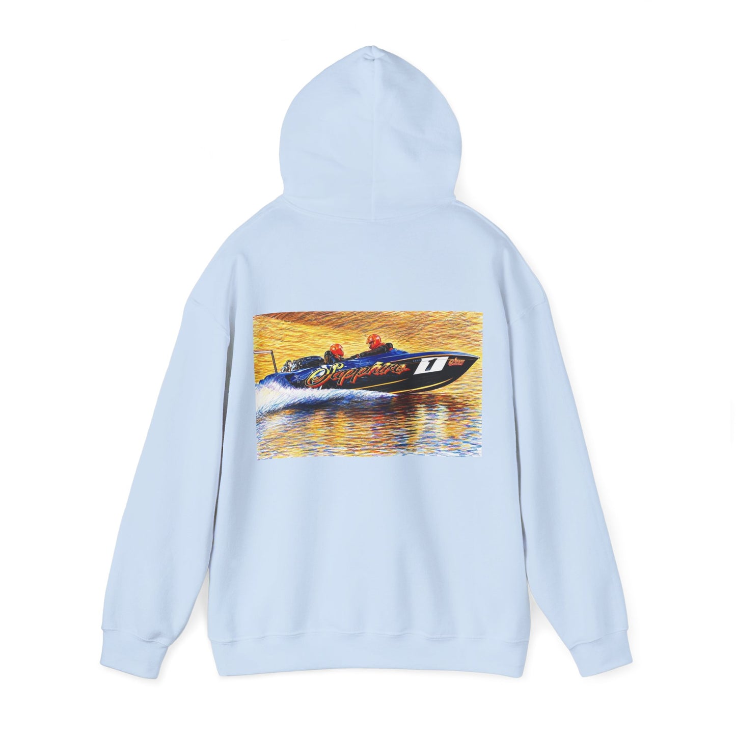 The Australian Water Ski Racing Tribute Range hoodie featuring Sapphire. Bad Lad Oz twin turbo waterski race boat sweatshirt