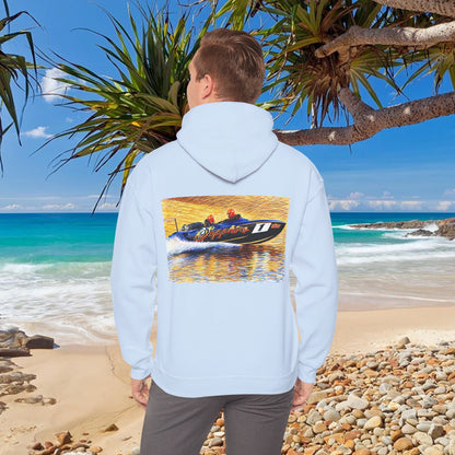 The Australian Water Ski Racing Tribute Range hoodie featuring Sapphire. Bad Lad Oz twin turbo waterski race boat sweatshirt