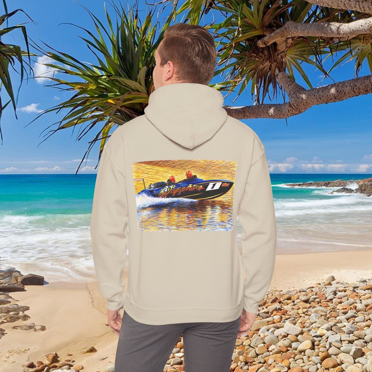 The Australian Water Ski Racing Tribute Range hoodie featuring Sapphire. Bad Lad Oz twin turbo waterski race boat sweatshirt