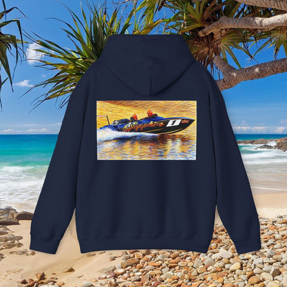 The Australian Water Ski Racing Tribute Range hoodie featuring Sapphire. Bad Lad Oz twin turbo waterski race boat sweatshirt