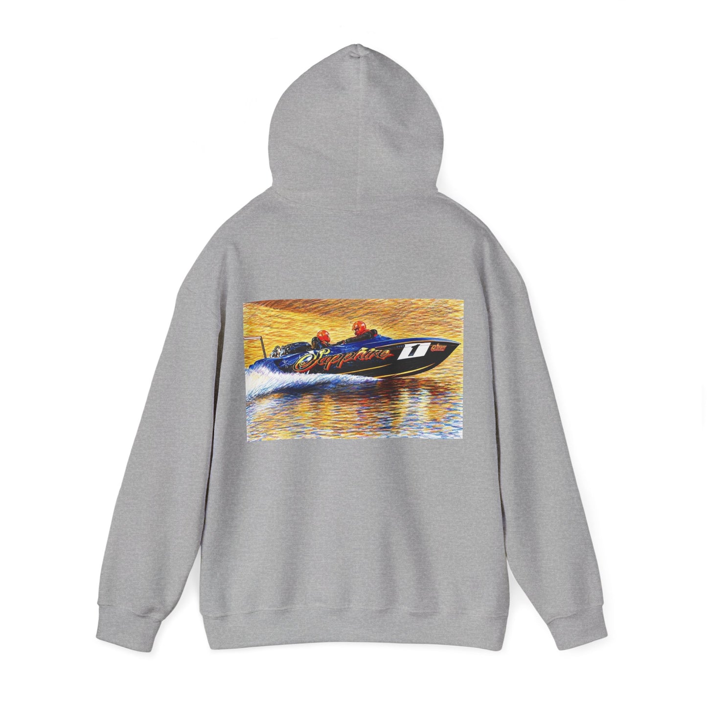 The Australian Water Ski Racing Tribute Range hoodie featuring Sapphire. Bad Lad Oz twin turbo waterski race boat sweatshirt