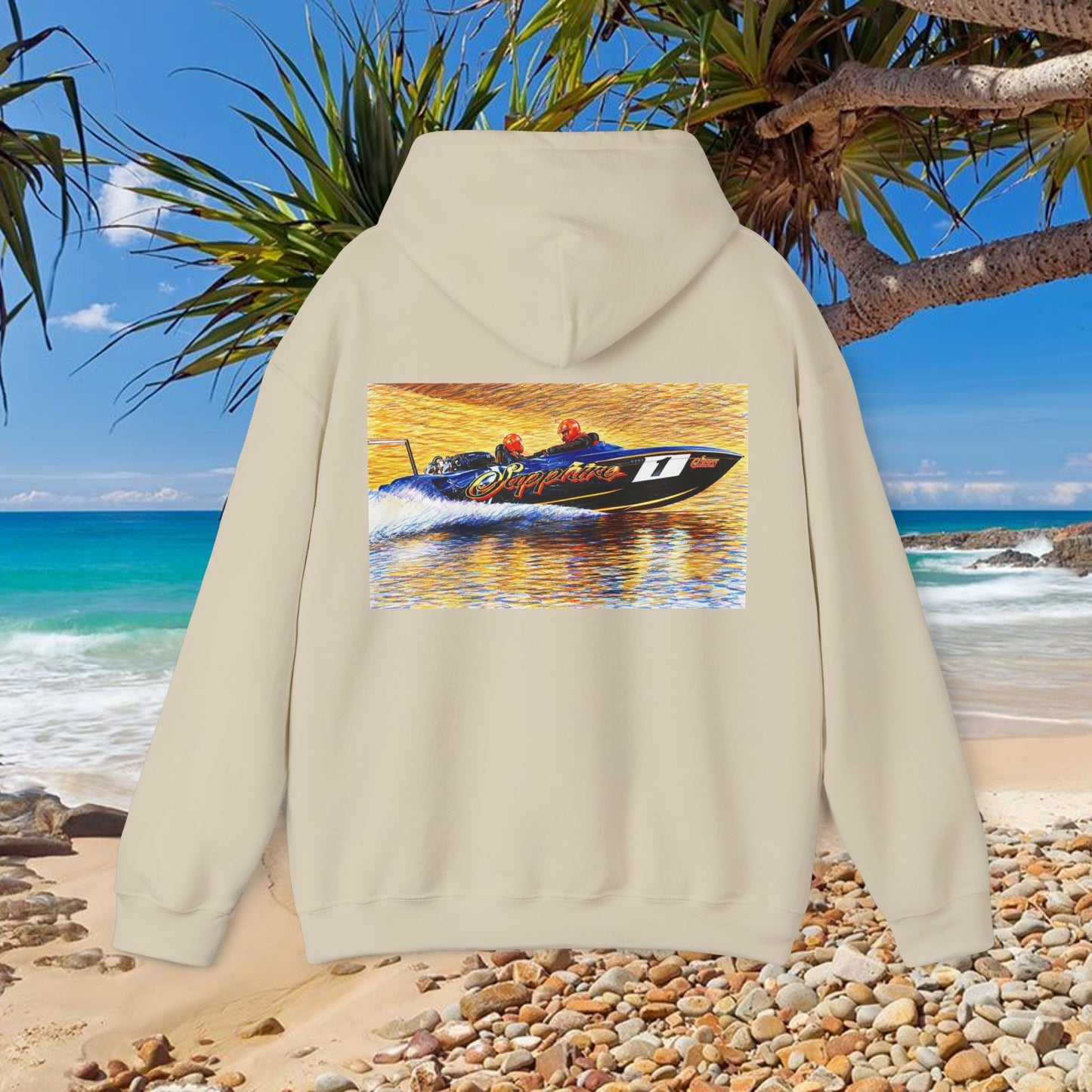The Australian Water Ski Racing Tribute Range hoodie featuring Sapphire. Bad Lad Oz twin turbo waterski race boat sweatshirt