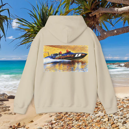 The Australian Water Ski Racing Tribute Range hoodie featuring Sapphire. Bad Lad Oz twin turbo waterski race boat sweatshirt