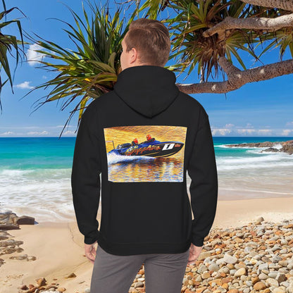 The Australian Water Ski Racing Tribute Range hoodie featuring Sapphire. Bad Lad Oz twin turbo waterski race boat sweatshirt