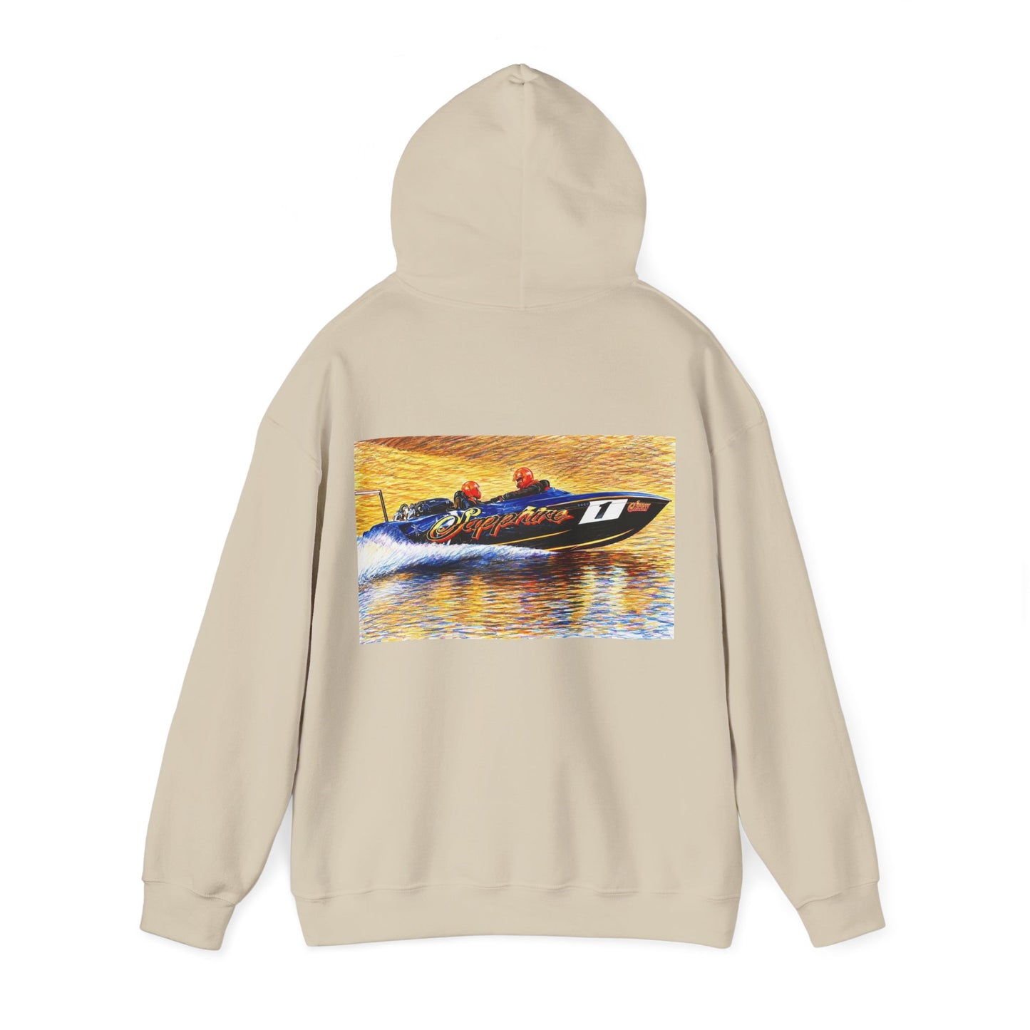 The Australian Water Ski Racing Tribute Range hoodie featuring Sapphire. Bad Lad Oz twin turbo waterski race boat sweatshirt