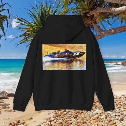 The Australian Water Ski Racing Tribute Range hoodie featuring Sapphire. Bad Lad Oz twin turbo waterski race boat sweatshirt