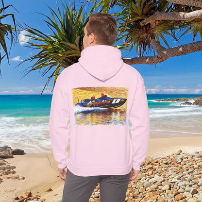 The Australian Water Ski Racing Tribute Range hoodie featuring Sapphire. Bad Lad Oz twin turbo waterski race boat sweatshirt