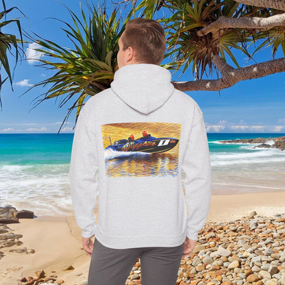 The Australian Water Ski Racing Tribute Range hoodie featuring Sapphire. Bad Lad Oz twin turbo waterski race boat sweatshirt