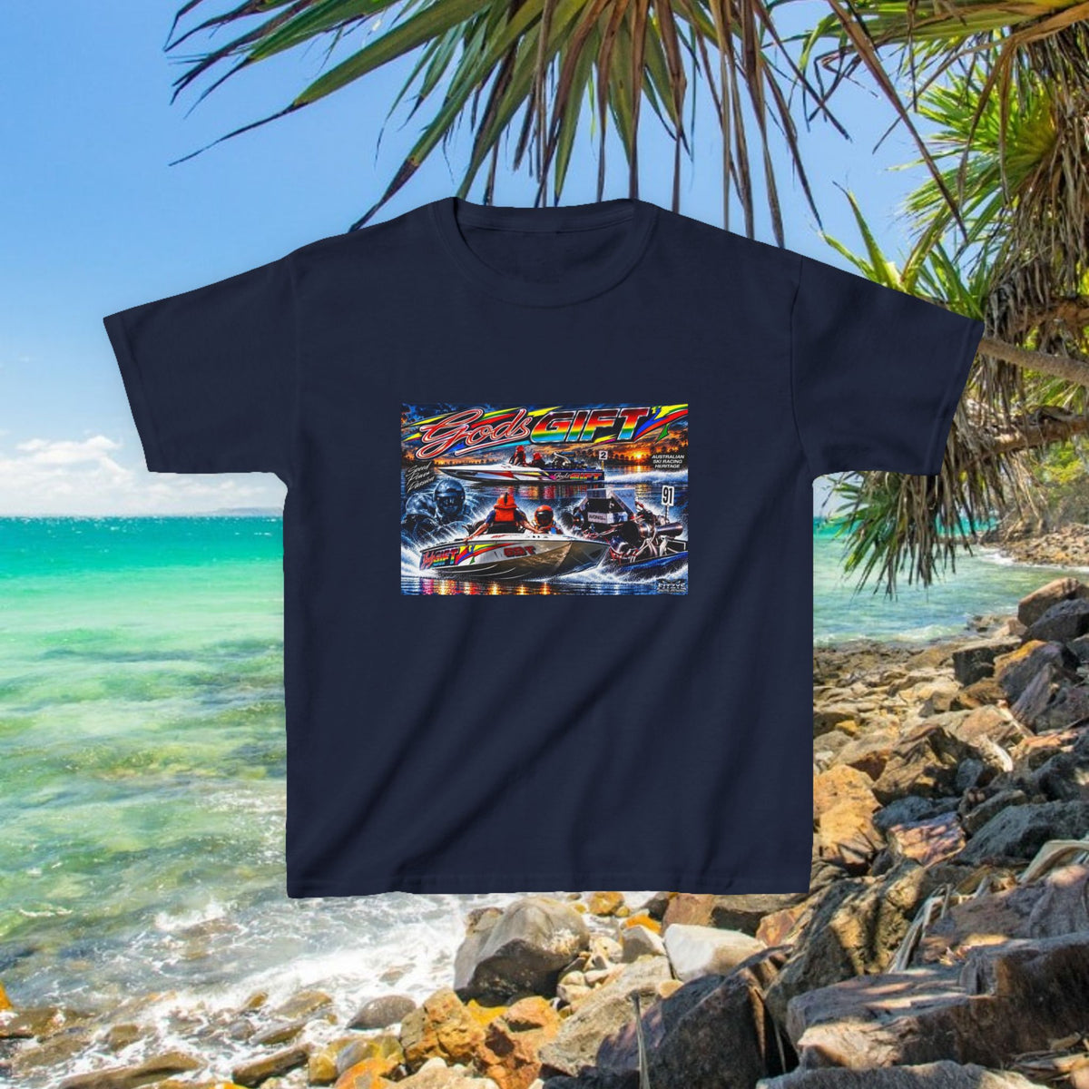 Gods Gift Kids Tribute Tshirt design is colourful and bright with some old school cool from Bad Lad Oz  A great unisex idea