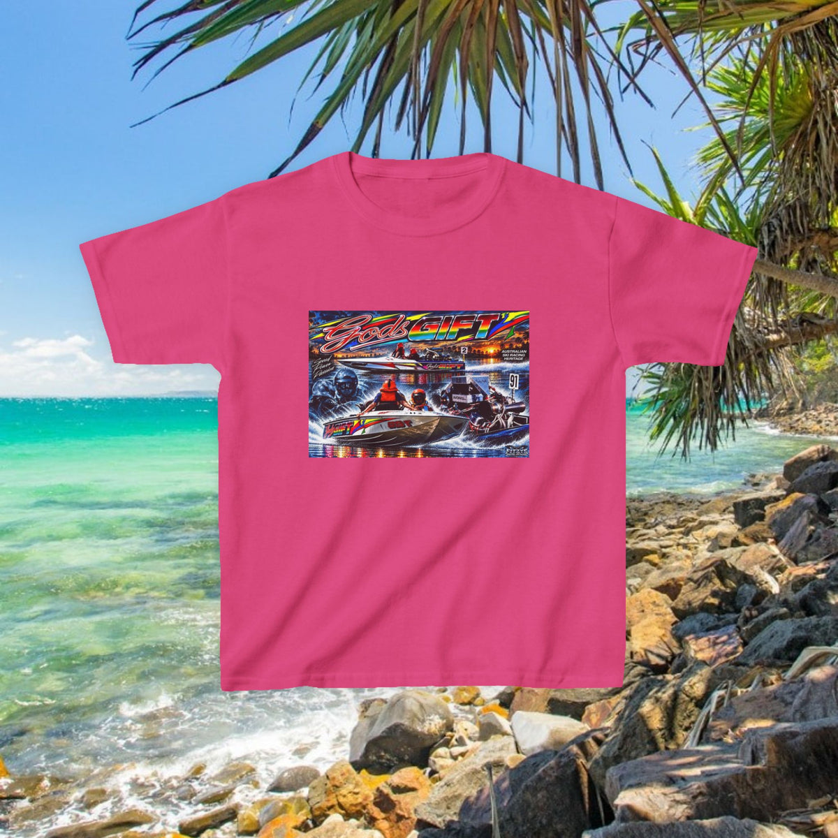 Gods Gift Kids Tribute Tshirt design is colourful and bright with some old school cool from Bad Lad Oz  A great unisex idea