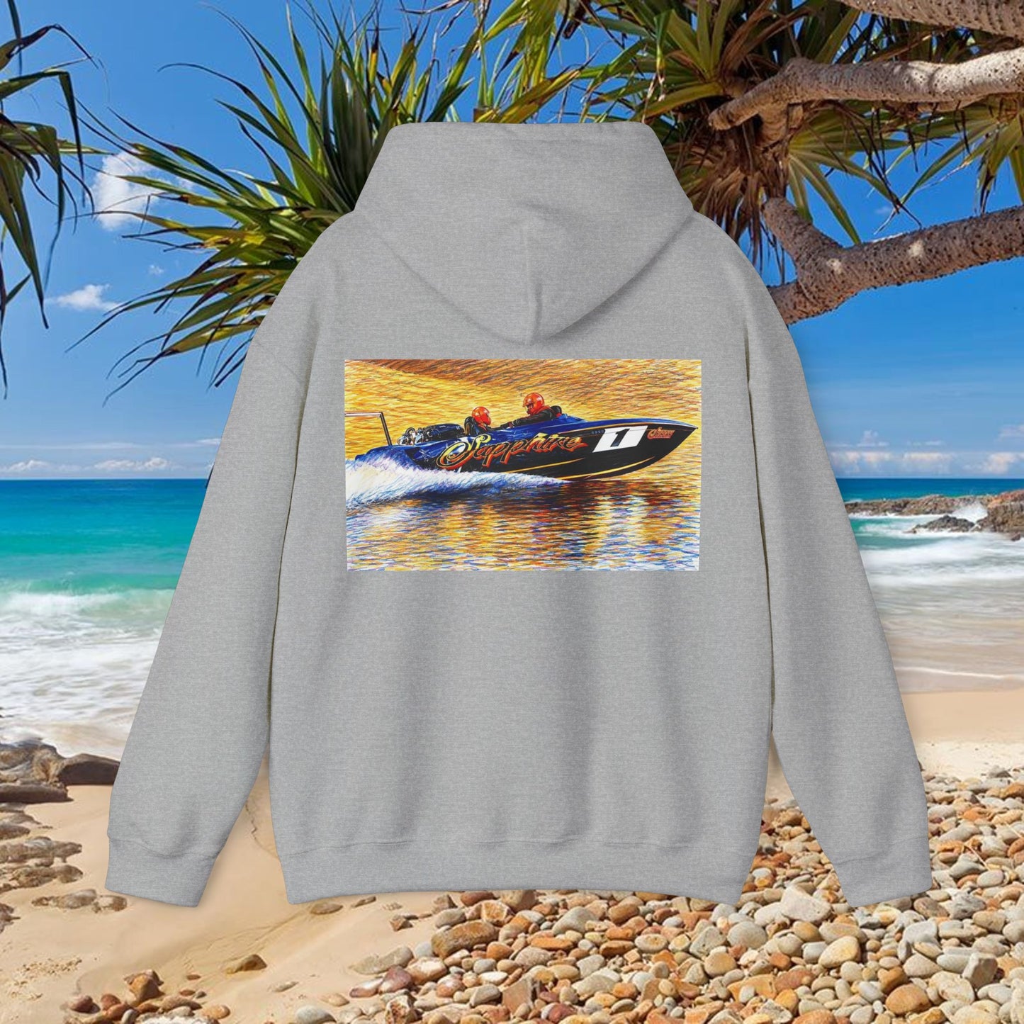 The Australian Water Ski Racing Tribute Range hoodie featuring Sapphire. Bad Lad Oz twin turbo waterski race boat sweatshirt