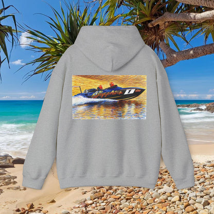 The Australian Water Ski Racing Tribute Range hoodie featuring Sapphire. Bad Lad Oz twin turbo waterski race boat sweatshirt