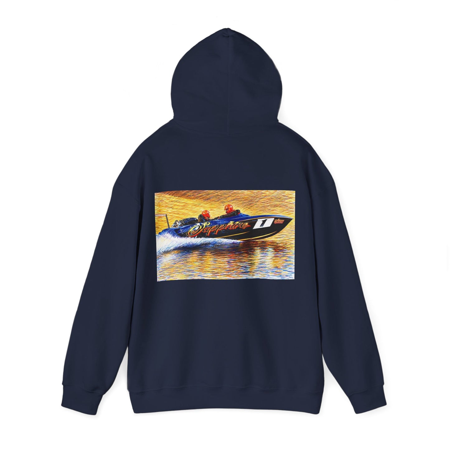 The Australian Water Ski Racing Tribute Range hoodie featuring Sapphire. Bad Lad Oz twin turbo waterski race boat sweatshirt