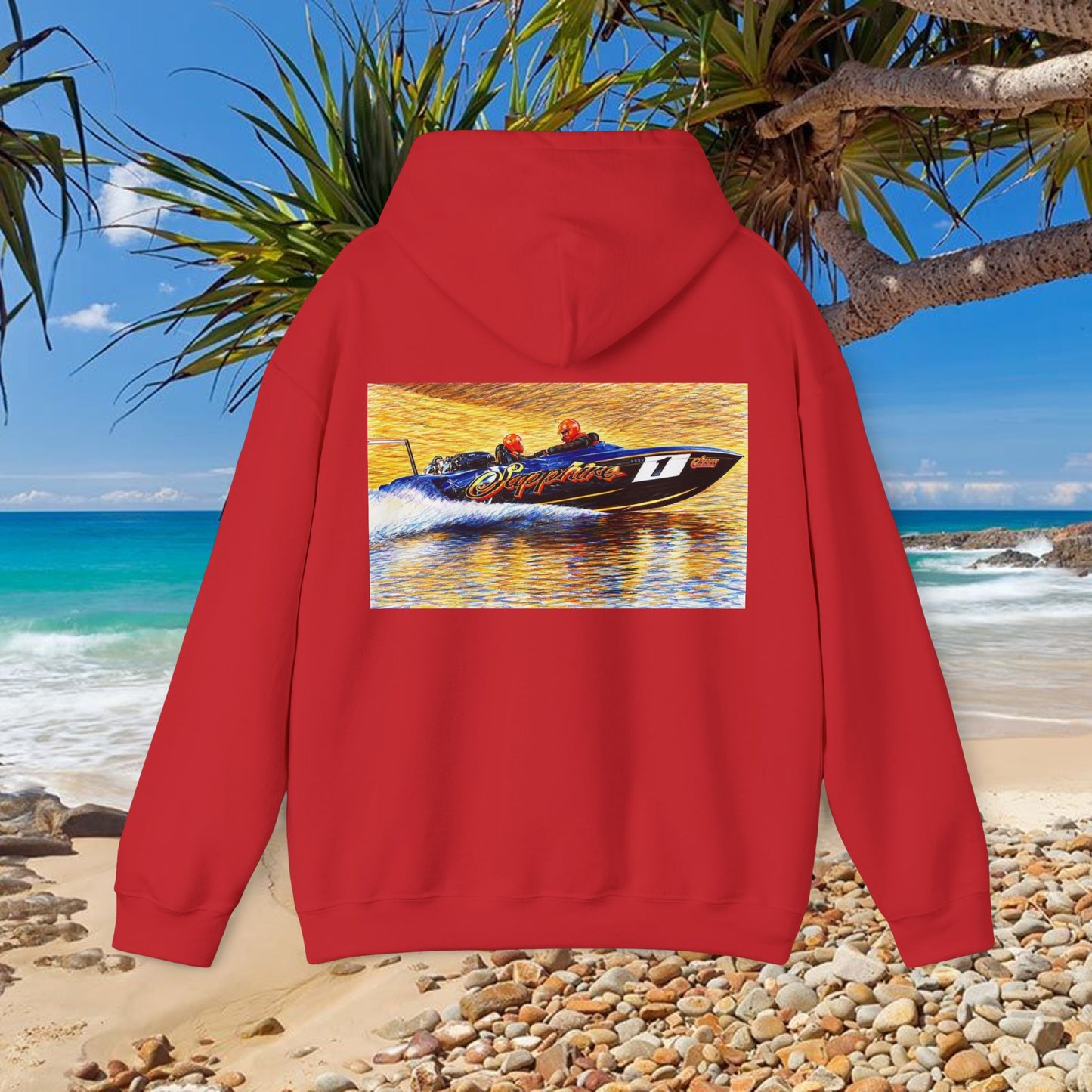 The Australian Water Ski Racing Tribute Range hoodie featuring Sapphire. Bad Lad Oz twin turbo waterski race boat sweatshirt