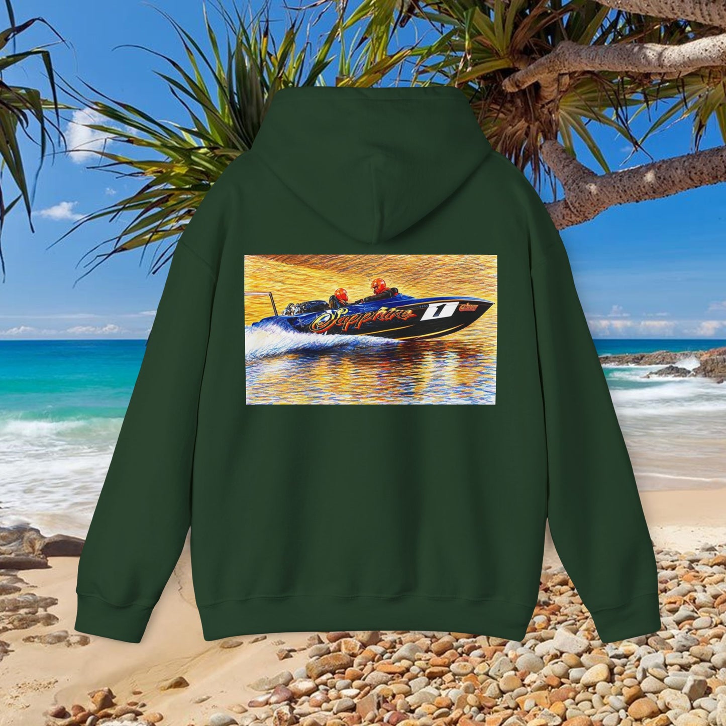 The Australian Water Ski Racing Tribute Range hoodie featuring Sapphire. Bad Lad Oz twin turbo waterski race boat sweatshirt