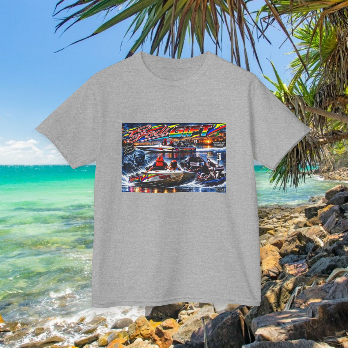 Gods Gift Kids Tribute Tshirt design is colourful and bright with some old school cool from Bad Lad Oz  A great unisex idea