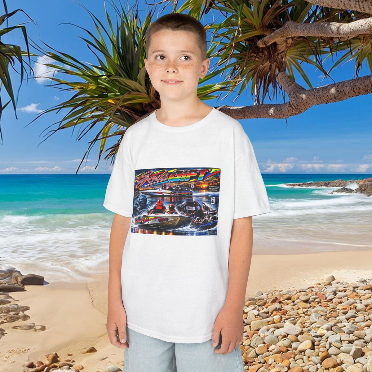 Gods Gift Kids Tribute Tshirt design is colourful and bright with some old school cool from Bad Lad Oz  A great unisex idea