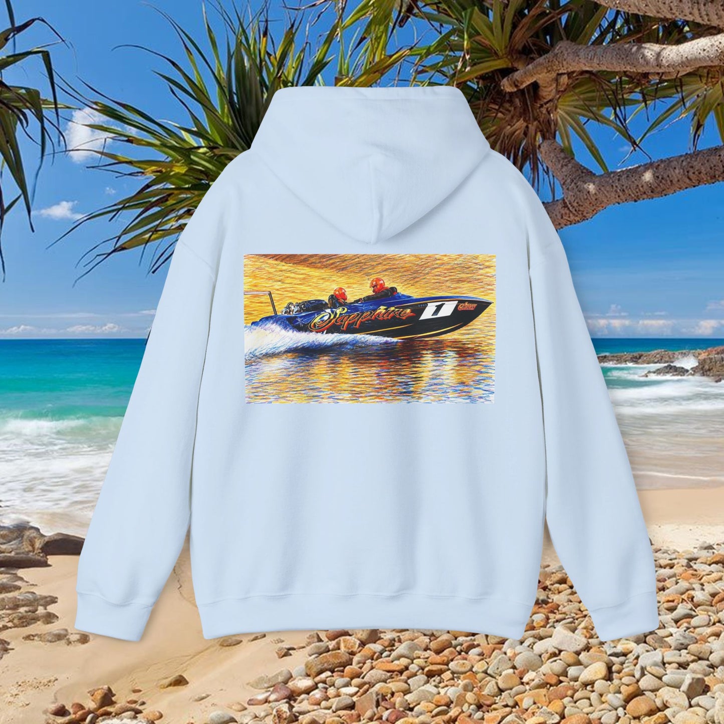 The Australian Water Ski Racing Tribute Range hoodie featuring Sapphire. Bad Lad Oz twin turbo waterski race boat sweatshirt
