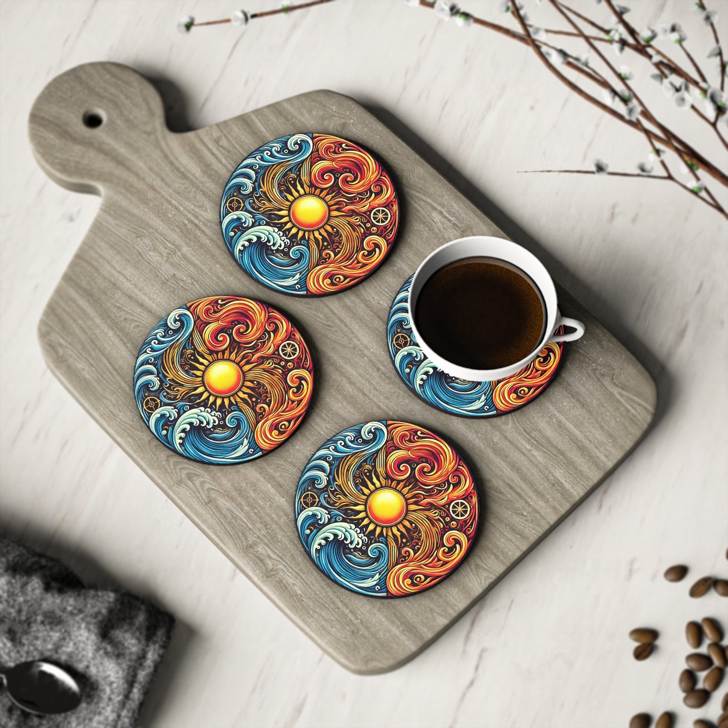Fire & Water Wave Cork Drink Coasters