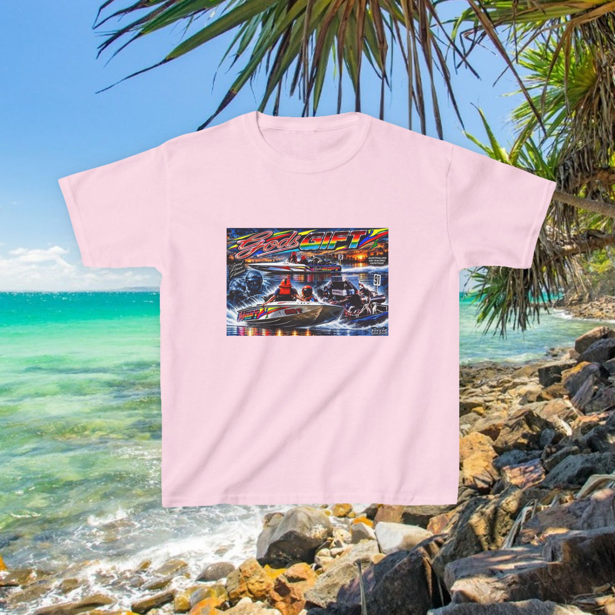 Gods Gift Kids Tribute Tshirt design is colourful and bright with some old school cool from Bad Lad Oz  A great unisex idea