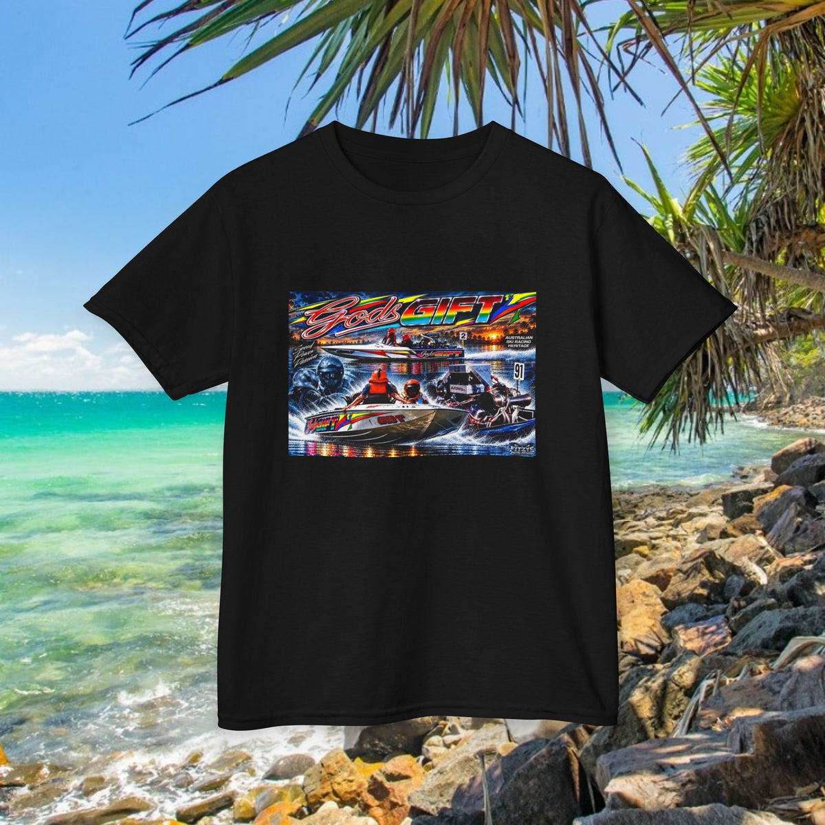 Gods Gift Kids Tribute Tshirt design is colourful and bright with some old school cool from Bad Lad Oz  A great unisex idea