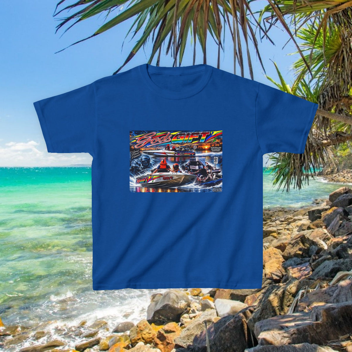 Gods Gift Kids Tribute Tshirt design is colourful and bright with some old school cool from Bad Lad Oz  A great unisex idea