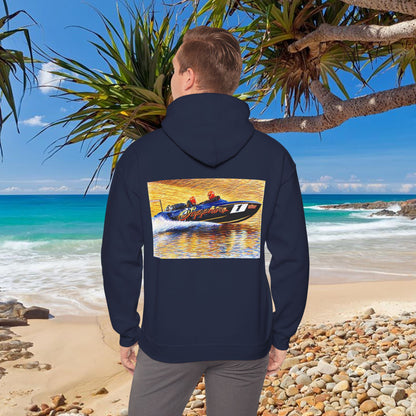 The Australian Water Ski Racing Tribute Range hoodie featuring Sapphire. Bad Lad Oz twin turbo waterski race boat sweatshirt