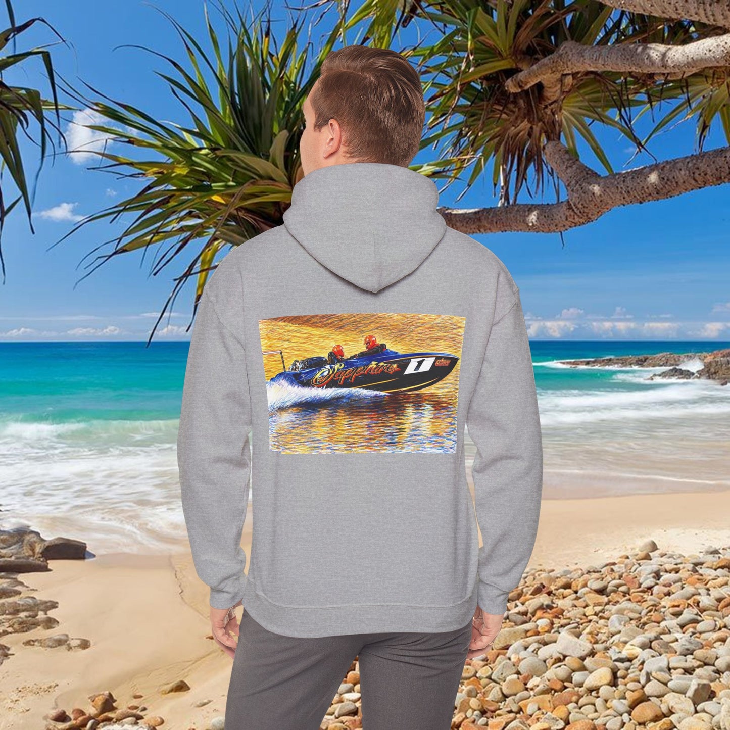 The Australian Water Ski Racing Tribute Range hoodie featuring Sapphire. Bad Lad Oz twin turbo waterski race boat sweatshirt