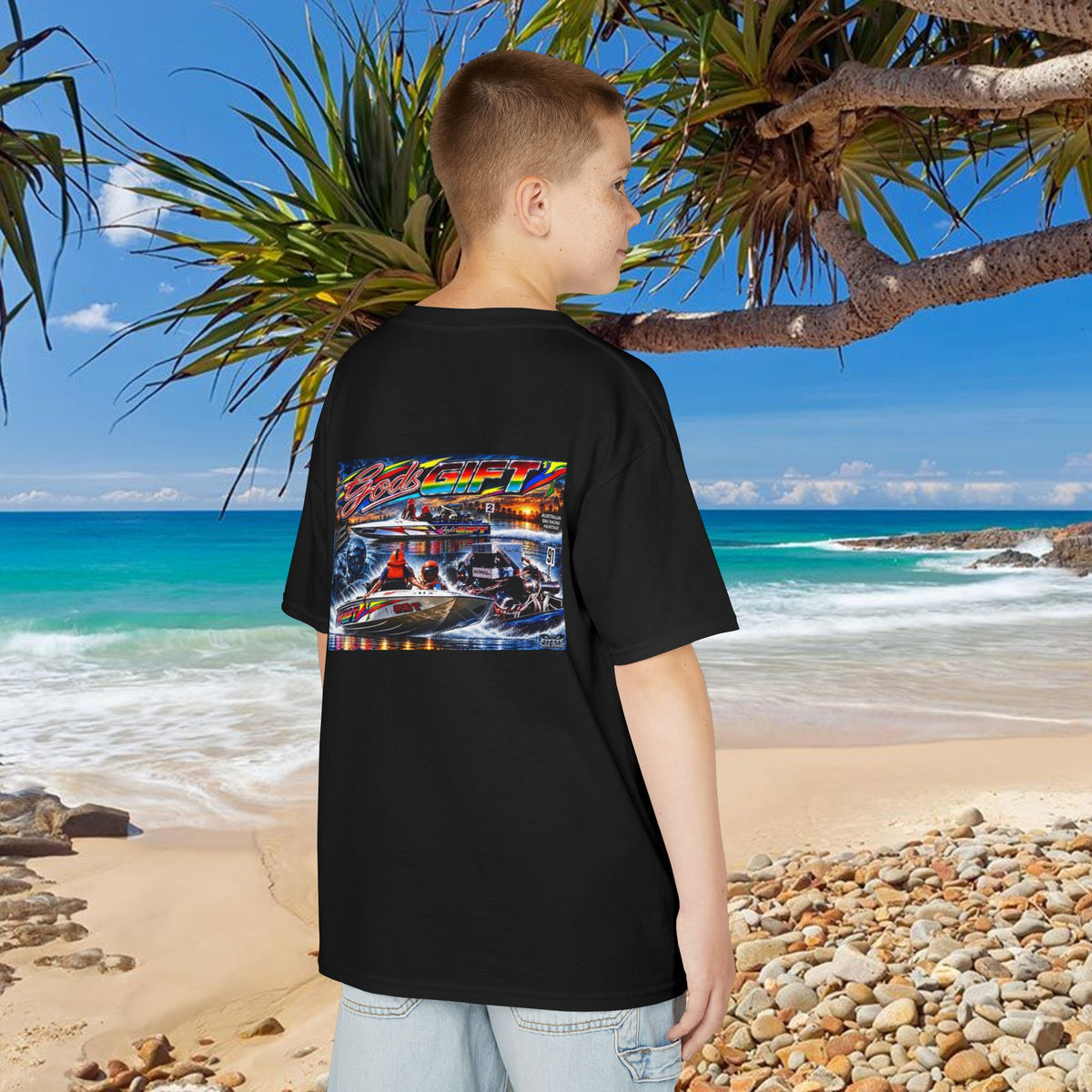Unisex Gods Gift Kids Tribute Tshirt Reverse Print - design is colourful and bright with some old school cool from Bad Lad Oz  A great unisex idea