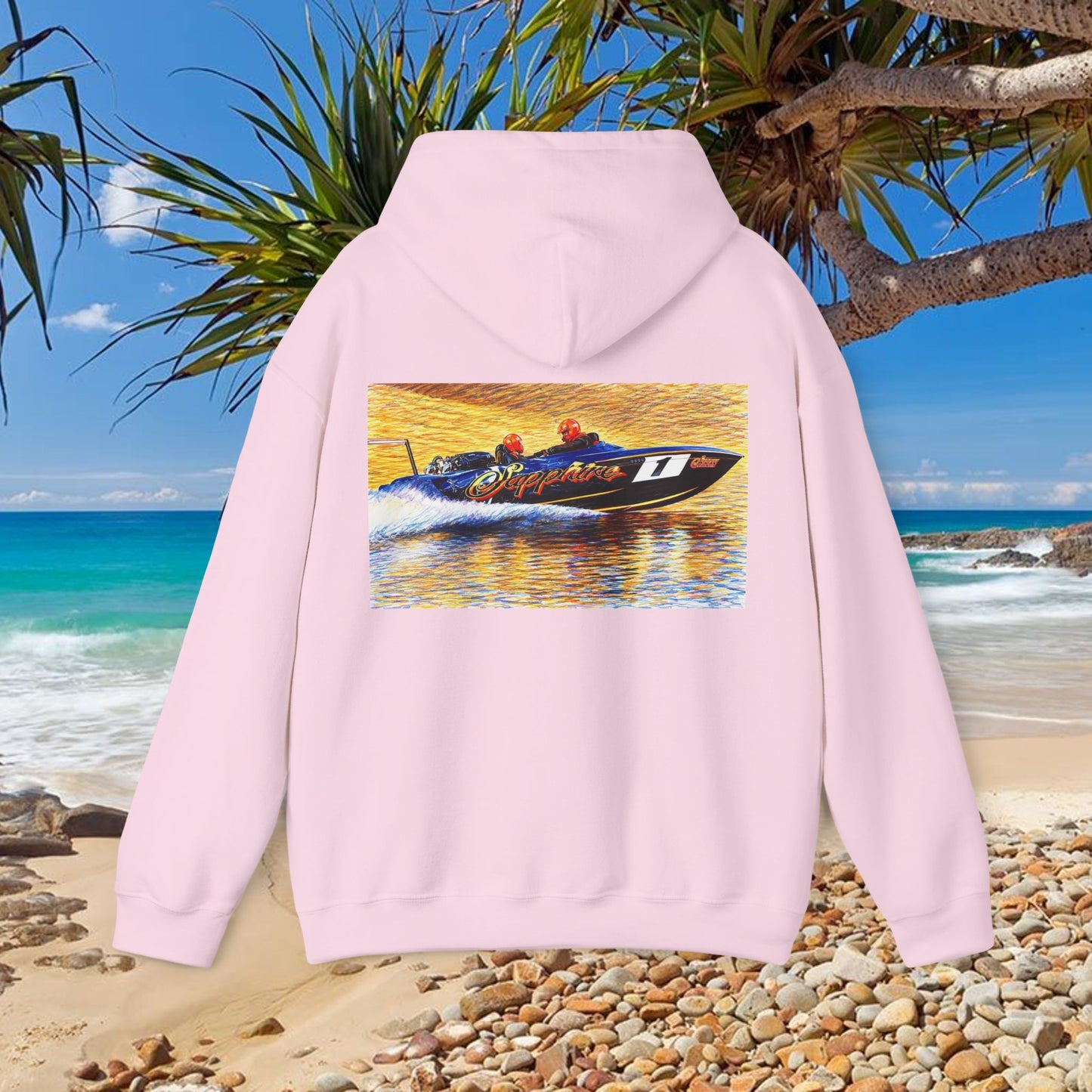 The Australian Water Ski Racing Tribute Range hoodie featuring Sapphire. Bad Lad Oz twin turbo waterski race boat sweatshirt