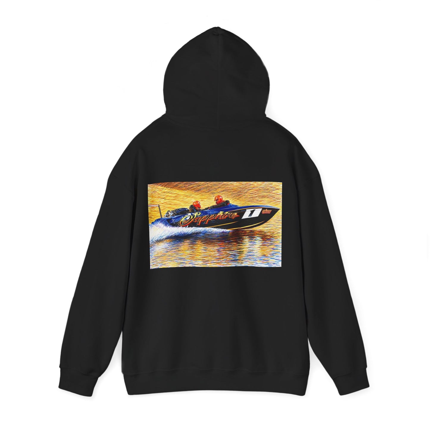 The Australian Water Ski Racing Tribute Range hoodie featuring Sapphire. Bad Lad Oz twin turbo waterski race boat sweatshirt