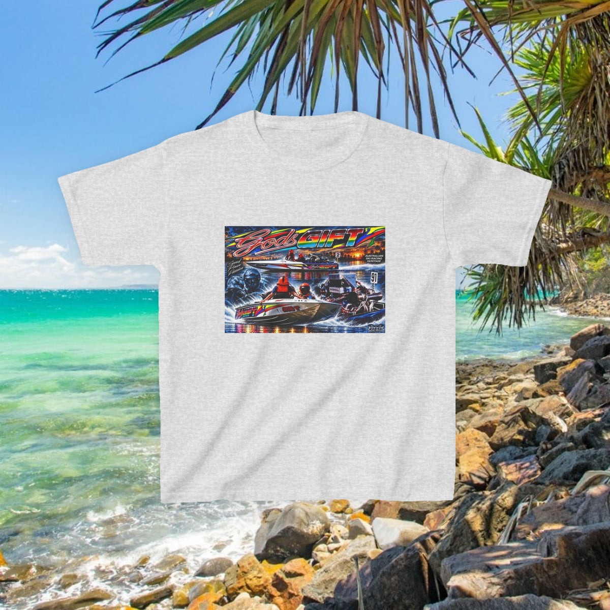 Gods Gift Kids Tribute Tshirt design is colourful and bright with some old school cool from Bad Lad Oz  A great unisex idea