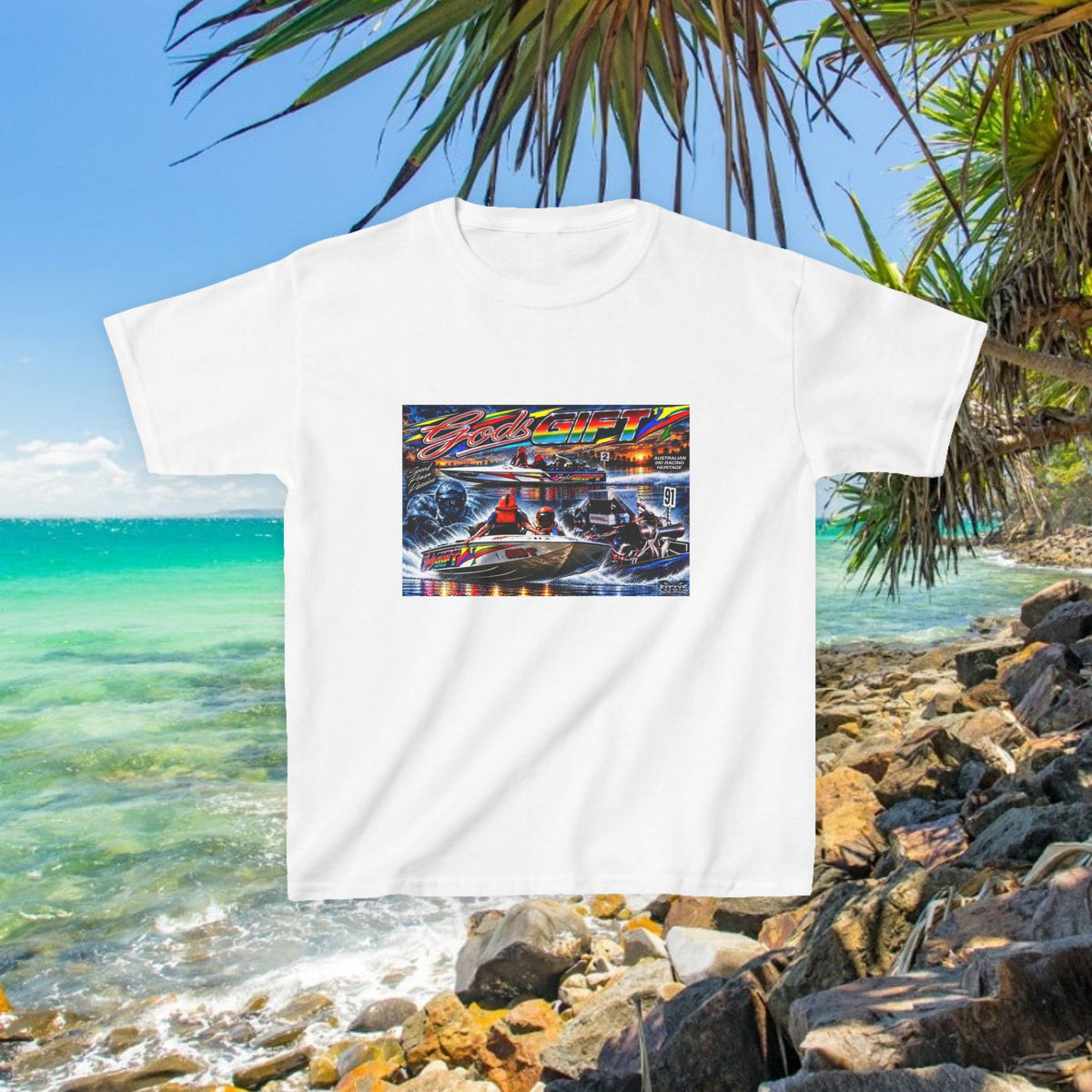 Gods Gift Kids Tribute Tshirt design is colourful and bright with some old school cool from Bad Lad Oz  A great unisex idea