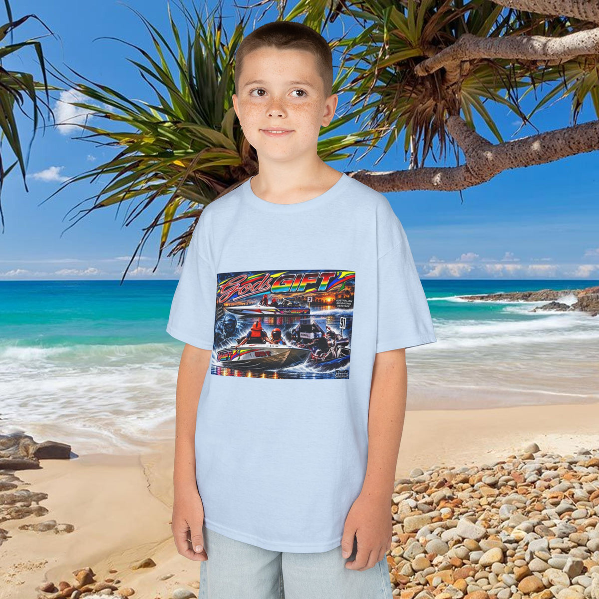 Gods Gift Kids Tribute Tshirt design is colourful and bright with some old school cool from Bad Lad Oz  A great unisex idea