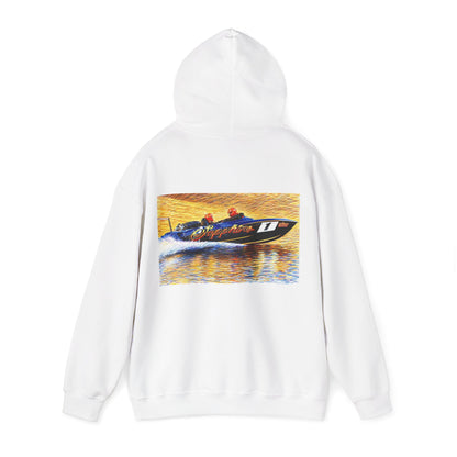The Australian Water Ski Racing Tribute Range hoodie featuring Sapphire. Bad Lad Oz twin turbo waterski race boat sweatshirt